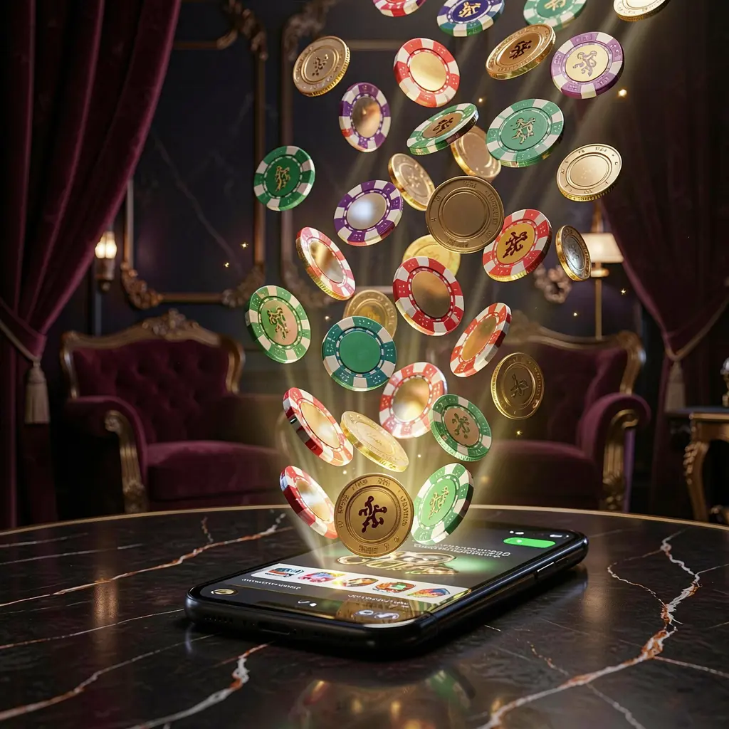 11OMG online gaming app displayed on a smartphone screen with glowing casino chips and coins emerging, set against a luxury dark background with cinematic lighting in a high detail 3D render