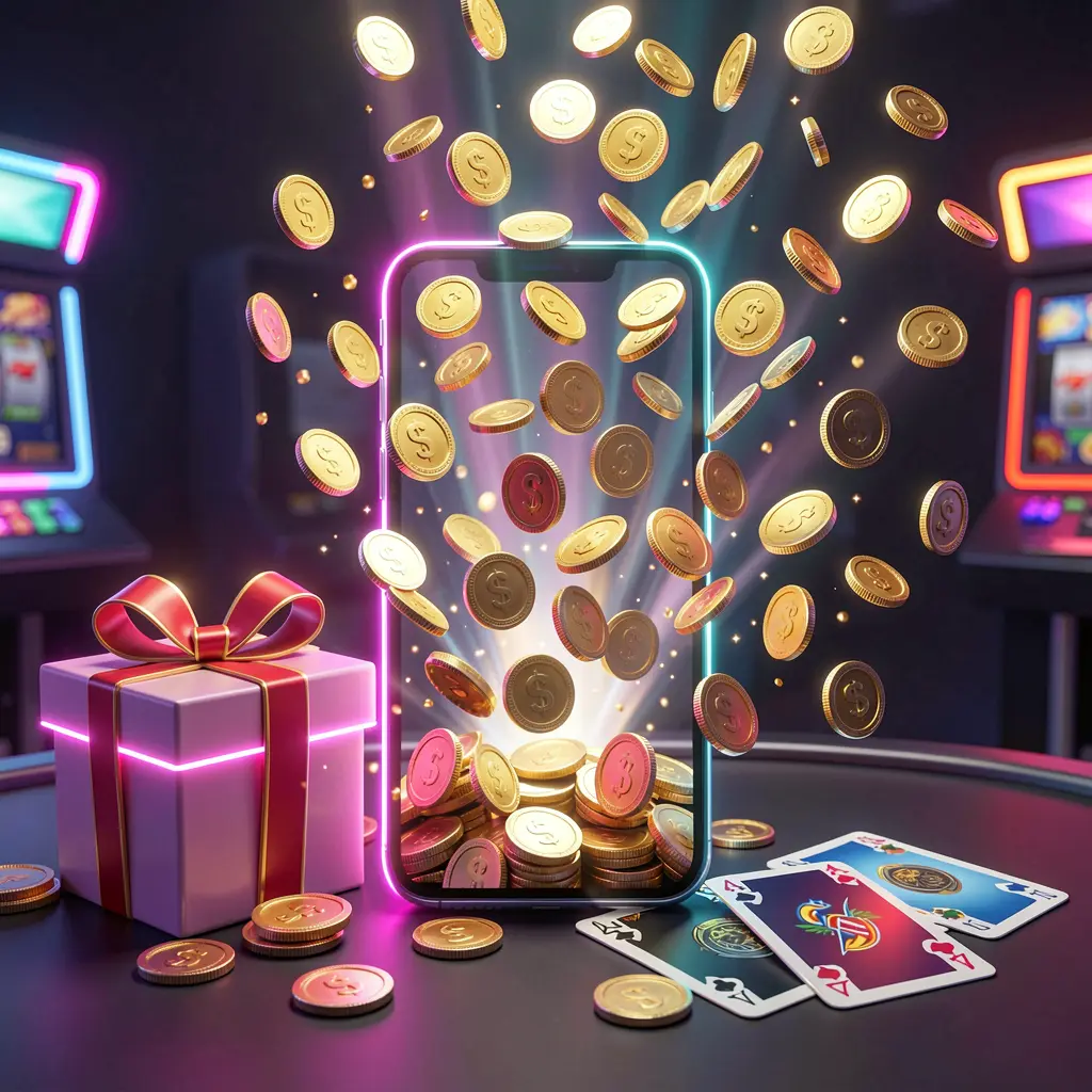 11OMG mobile casino bonus banner featuring a smartphone with coins bursting from the screen, a gift box and playing cards nearby, all illuminated by a bright neon glow in a premium realistic 3D render