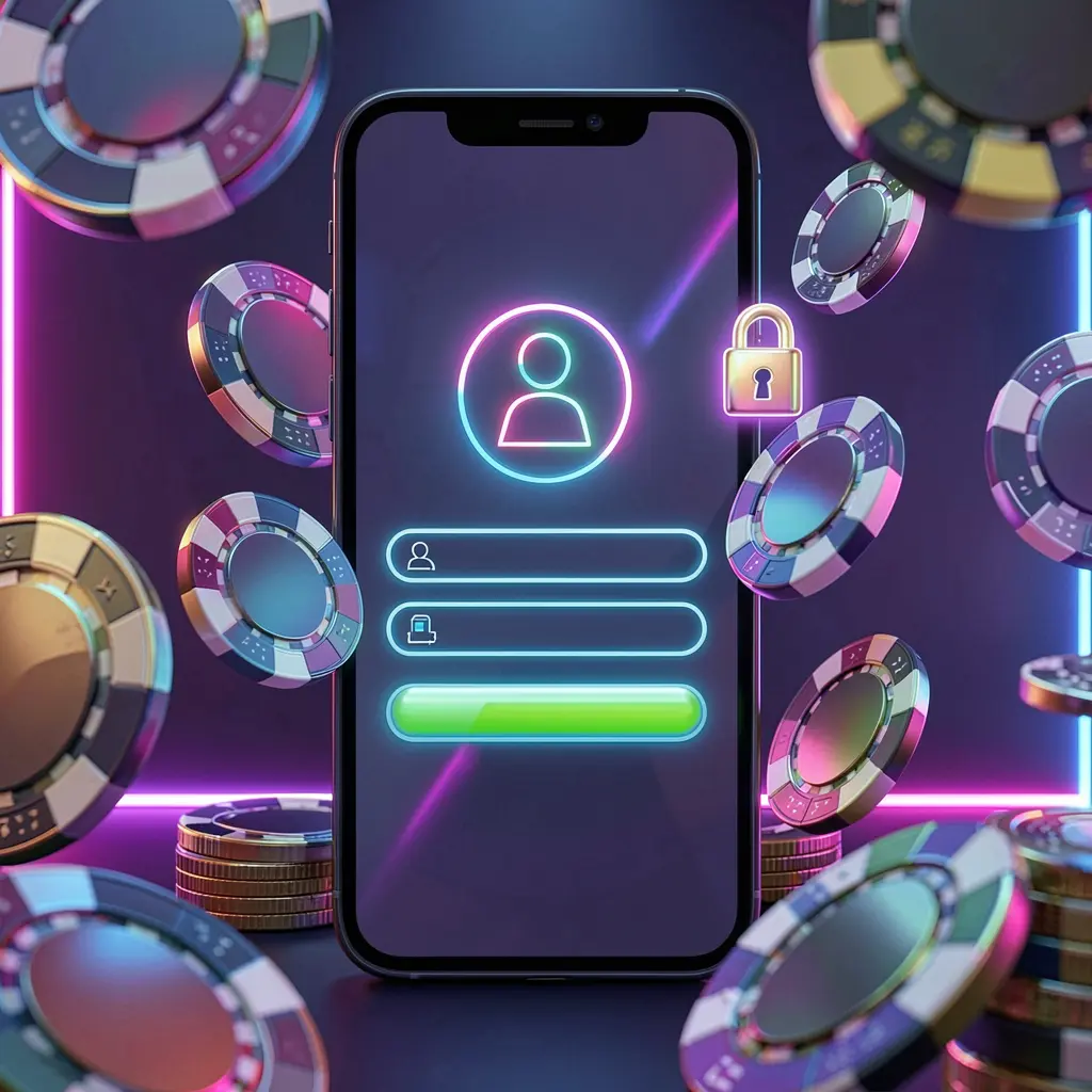 11OMG mobile gaming login page concept on smartphone with abstract login interface featuring user and lock icons, surrounded by casino chips and coins under luxury neon lighting