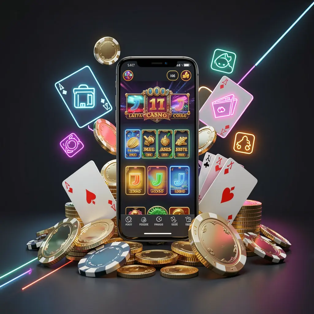 11OMG mobile casino homepage concept showing a smartphone surrounded by golden coins, chips, cards, and glowing icons on a modern dark background with neon accents